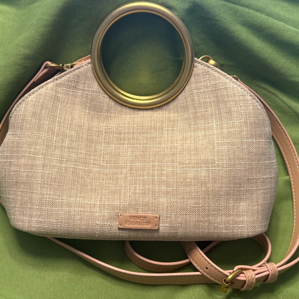 Vince Camuto Tan and Gold Linen Crossbody Bag with Circle Handles